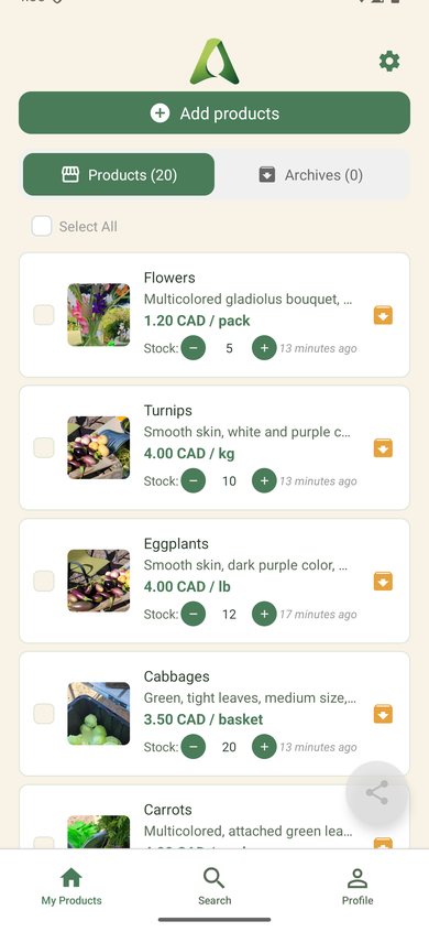 Agorali — My Products screen