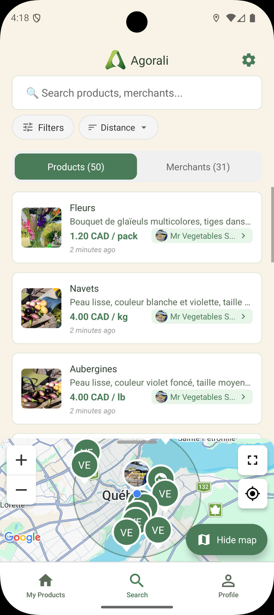 Agorali — Search & Map screen