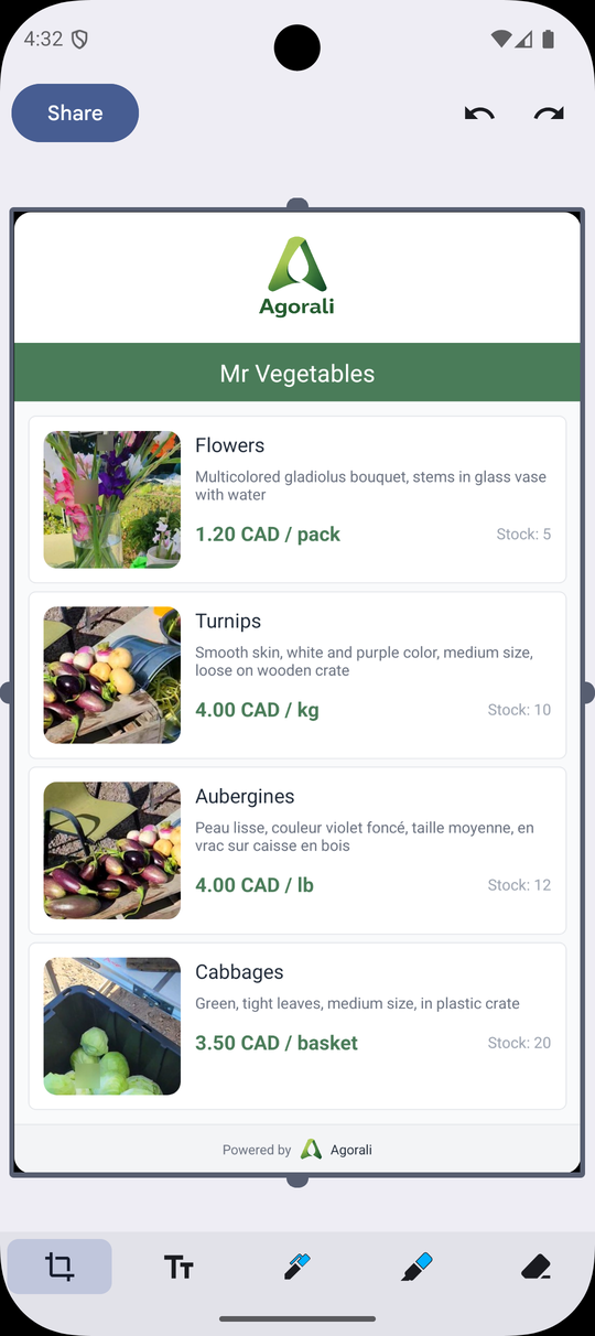 Agorali — Share Catalog screen