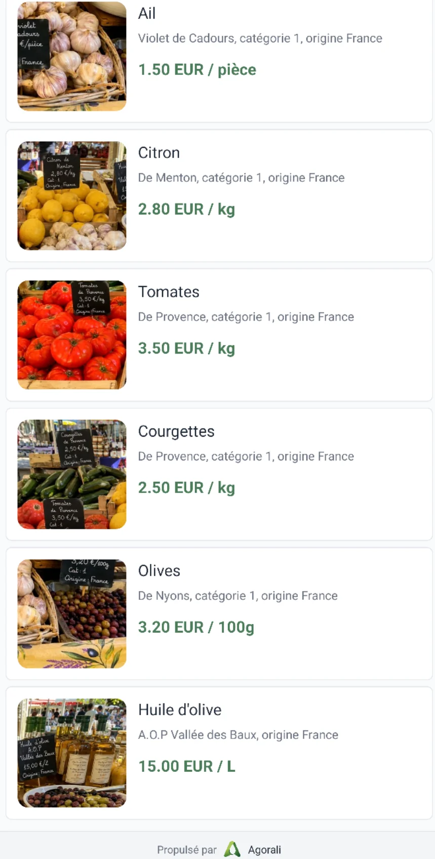 Liste produits générée