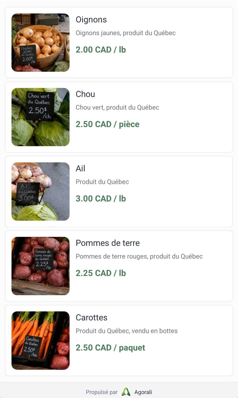 Liste produits générée